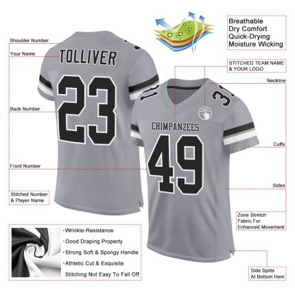 Custom Name and Number Authentic Football Jersey - Personalized Light Gray Black-White Mesh Team Jersey Personalized Light