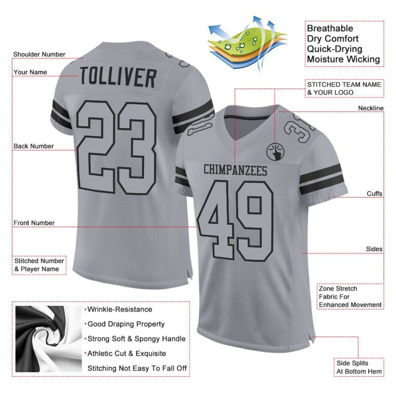 Custom Name and Number Authentic Football Jersey - Personalized Light Gray and Black Mesh Personalized Light Gray Gray-Black