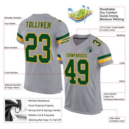 Custom Authentic Football Jersey with Personalized Name and Number - Light Gray Green Gold Mesh Personalized Light Gray Green-Gold
