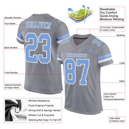 Custom Personalized Light Gray and Light Blue Mesh Football Jersey with Name and Number - Authentic Team Apparel Personalized
