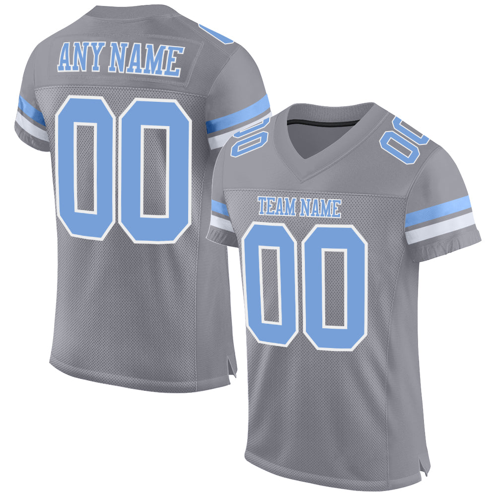 Custom Personalized Light Gray and Light Blue Mesh Football Jersey with Name and Number - Authentic Team Apparel Personalized