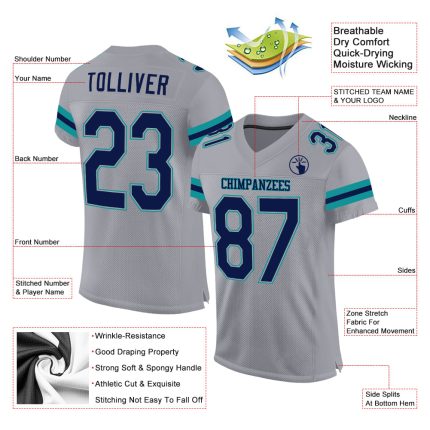 Custom Name Number Authentic Football Jersey - Light Gray Navy Aqua Mesh Personalized Light Gray Navy-Aqua Mesh Authentic