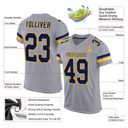 Custom Mesh Football Jersey with Personalized Name & Number - Light Gray Navy-Gold Team Gear Personalized Light Gray Navy-Gold