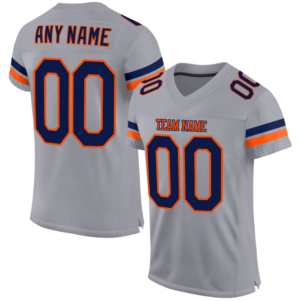 Custom Personalized Football Jersey with Team Name and Number - Light Gray Navy-Orange Mesh Personalized Light Gray Navy-Orange