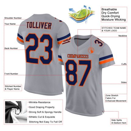 Custom Personalized Football Jersey with Team Name and Number - Light Gray Navy-Orange Mesh Personalized Light Gray Navy-Orange