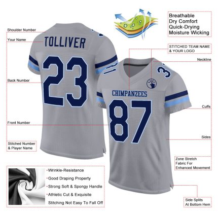 Custom Name and Number Personalized Light Gray Navy Powder Blue Football Jersey Mesh Authentic Team Apparel Personalized