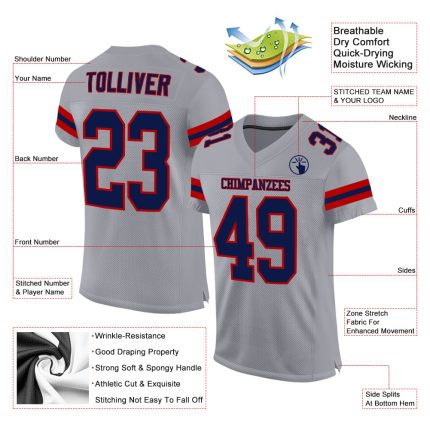 Custom Authentic Football Jersey - Personalized Light Gray with Navy-Red Mesh, Custom Name & Number Personalized Light Gray