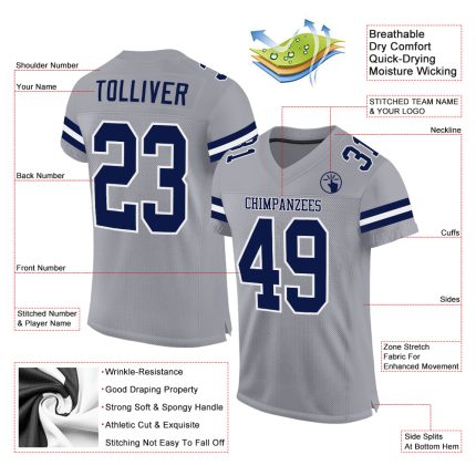 Custom Personalized Authentic Football Jersey - Light Gray Navy-White Mesh with Name and Number Personalized Light Gray Navy-White