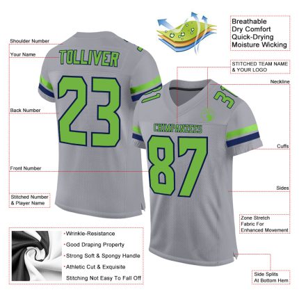 Custom Team Football Jersey with Personalized Name & Number in Light Gray Neon Green-Navy Mesh Personalized Light Gray Neon