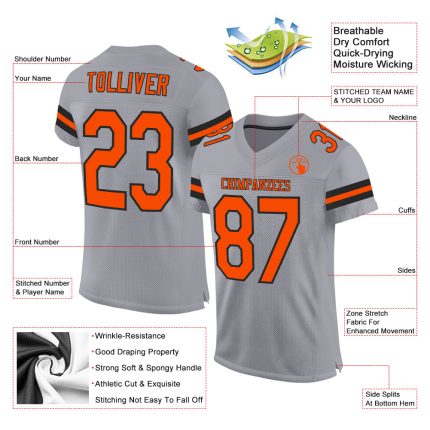 Custom Light Gray Orange-Black Mesh Football Jersey with Personalized Name & Number - Authentic Team Gear Personalized Light