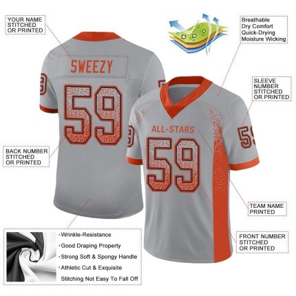 Custom Mesh Football Jersey with Personalized Name & Number, Light Gray Orange-Navy Drift Style Personalized Light Gray Orange-Navy