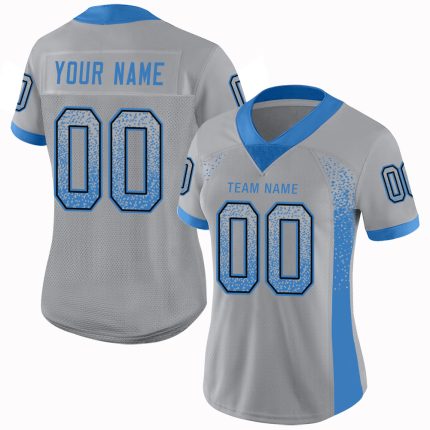 Custom Football Jersey with Personalized Name and Number in Light Gray, Powder Blue, and Black Mesh - Drift Fashion Style