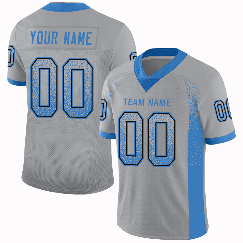 Custom Football Jersey with Personalized Name and Number in Light Gray, Powder Blue, and Black Mesh - Drift Fashion Style
