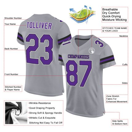 Custom Light Gray Purple-Black Mesh Football Jersey with Personalized Name and Number - Authentic Team Jersey Personalized