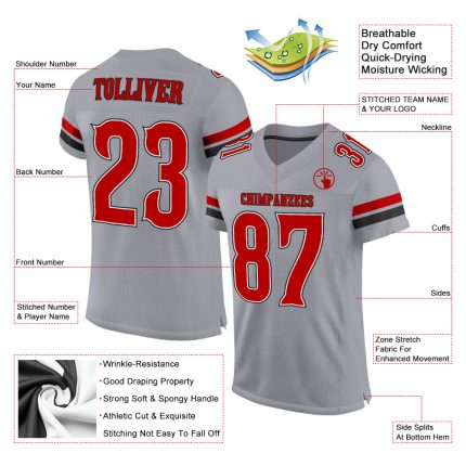 Custom Team Jersey with Personalized Name & Number, Light Gray Red-Black Mesh Authentic Football Jersey Personalized Light