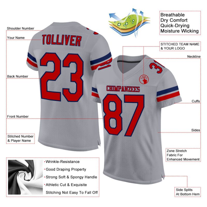 Customizable Light Gray Red-Navy Mesh Football Jersey with Name and Number - Authentic Team Apparel Personalized Light Gray