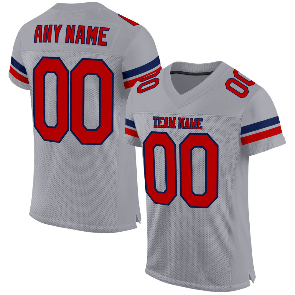 Customizable Light Gray Red-Navy Mesh Football Jersey with Name and Number - Authentic Team Apparel Personalized Light Gray