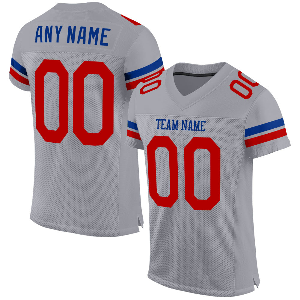 Custom Personalized Football Jersey with Name and Number - Light Gray Red-Royal Mesh Personalized Light Gray Red-Royal Mesh