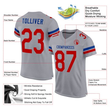 Custom Personalized Football Jersey with Name and Number - Light Gray Red-Royal Mesh Personalized Light Gray Red-Royal Mesh