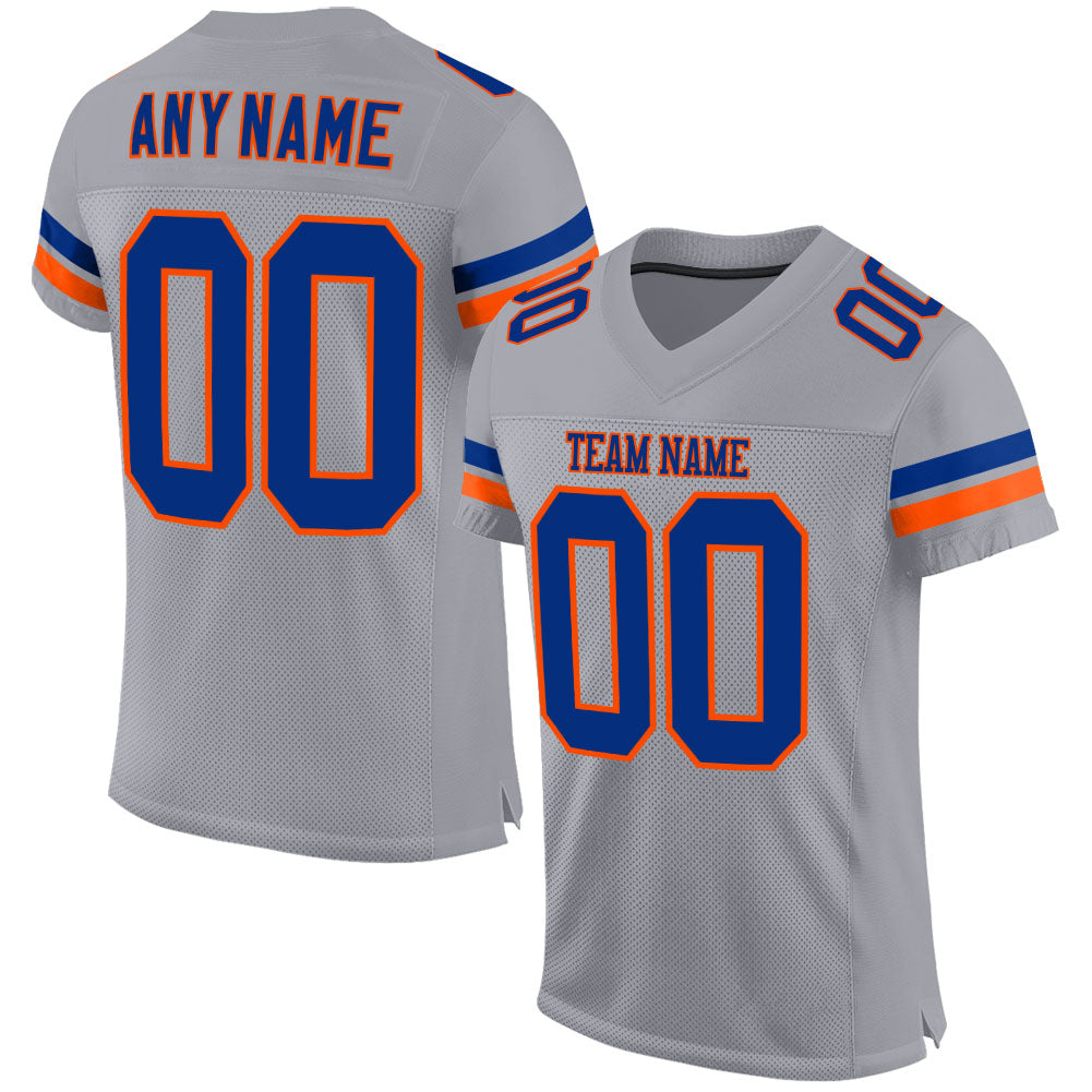 Custom Mesh Football Jersey with Personal Name and Number - Light Gray Royal-Orange Design Personalized Light Gray Royal-Orange