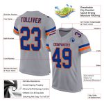 Custom Mesh Football Jersey with Personal Name and Number - Light Gray Royal-Orange Design Personalized Light Gray Royal-Orange