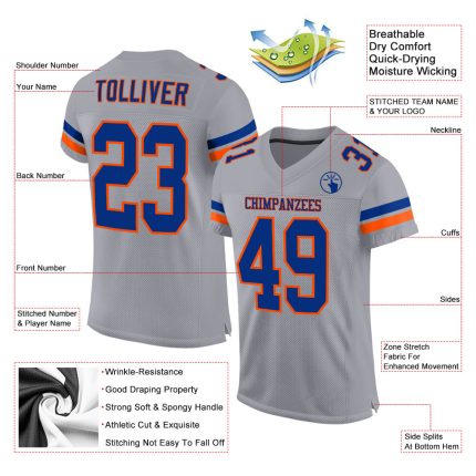 Custom Mesh Football Jersey with Personal Name and Number - Light Gray Royal-Orange Design Personalized Light Gray Royal-Orange