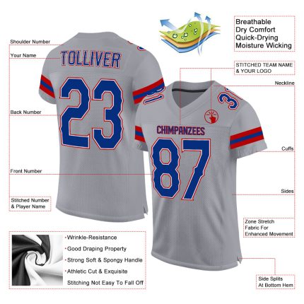 Custom Name & Number Mesh Football Jersey - Personalized Light Gray & Royal Red Personalized Light Gray Royal-Red Mesh Authentic
