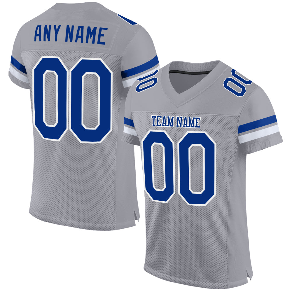 Customizable Light Gray Football Jersey with Royal-White Mesh, Personalized Name & Number - Authentic Team Gear Personalized