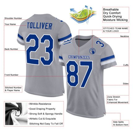 Customizable Light Gray Football Jersey with Royal-White Mesh, Personalized Name & Number - Authentic Team Gear Personalized