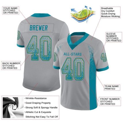 Customizable Team Football Jersey - Light Gray Teal-Old Gold Mesh with Personalized Name and Number Personalized Light Gray