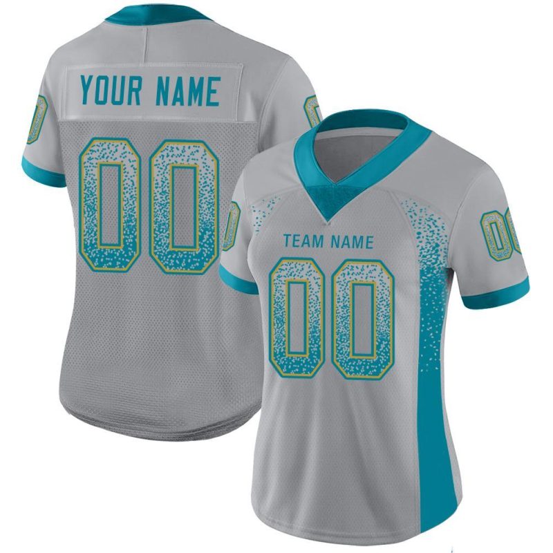 Customizable Team Football Jersey - Light Gray Teal-Old Gold Mesh with Personalized Name and Number Personalized Light Gray