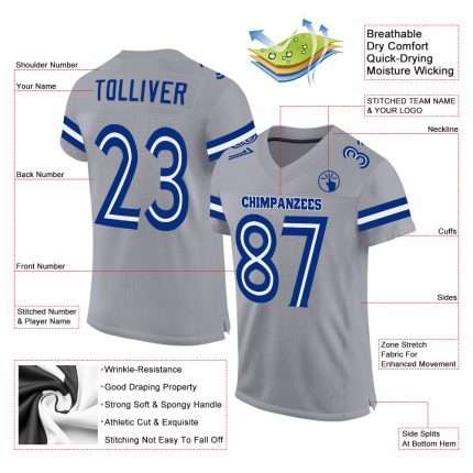 Custom Light Gray White-Royal Mesh Football Jersey with Personalized Name and Number - Authentic Team Gear Personalized Light