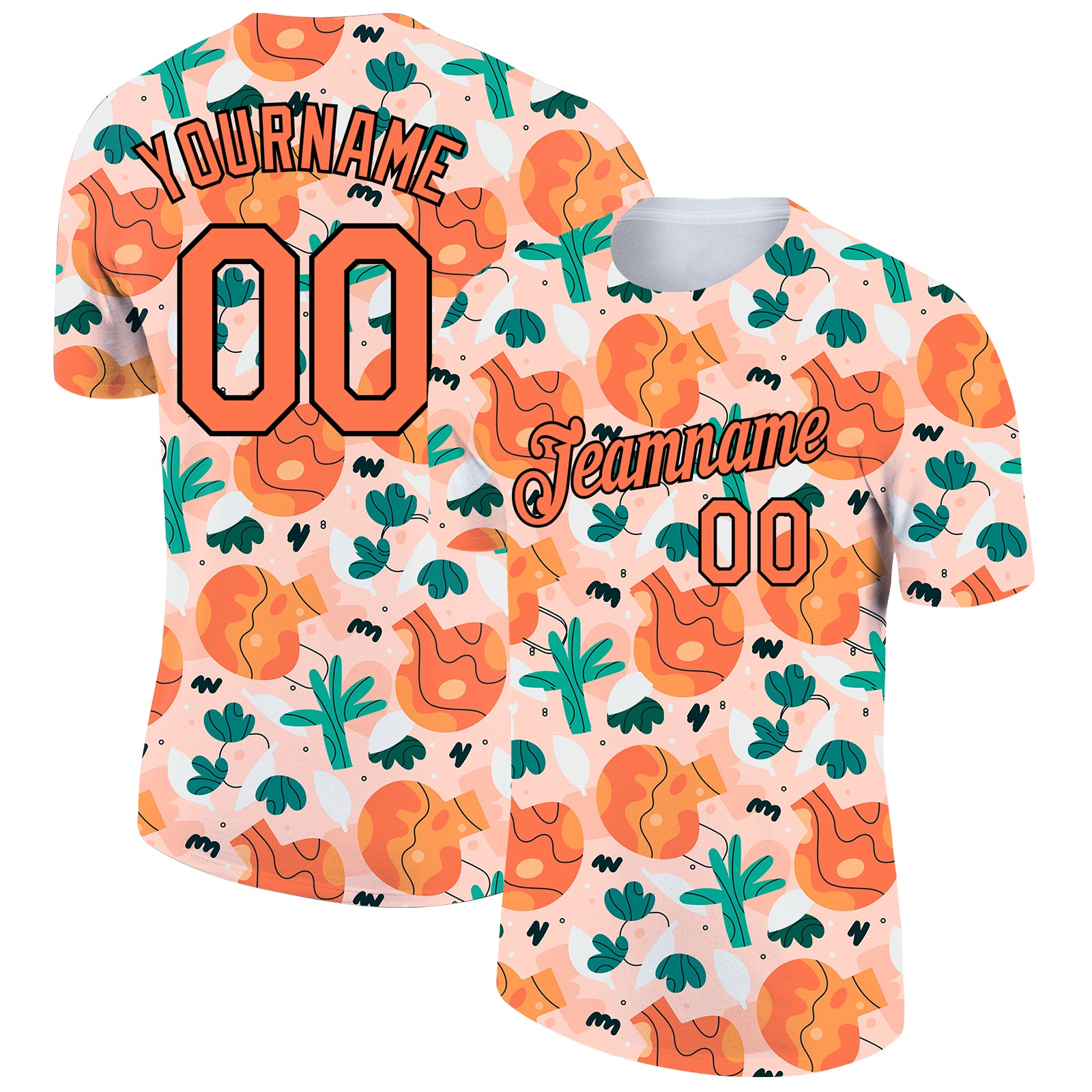 Custom Name and Number Performance T-Shirt, Light Pink Bay Orange-Black 3D Pattern Abstract Doodle Design Personalized Light