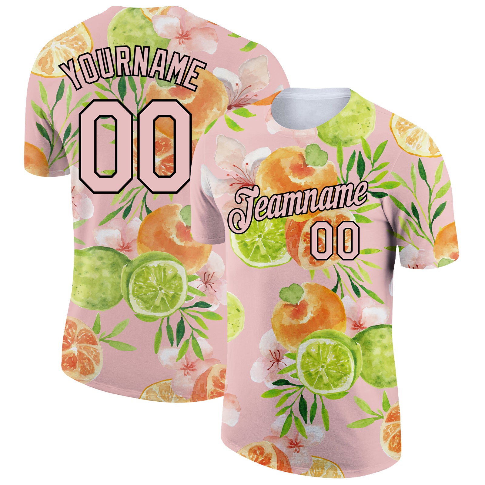 Custom Team T-Shirt with Personalized Name and Number, Light Pink Black 3D Pattern, Summer Holiday Fruit Design Personalized