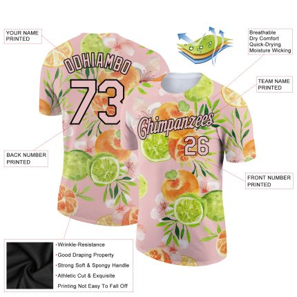 Custom Team T-Shirt with Personalized Name and Number, Light Pink Black 3D Pattern, Summer Holiday Fruit Design Personalized