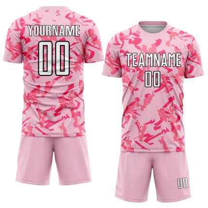 Custom Team Soccer Jersey with Light Pink Black-Pink Abstract Geometric Pattern, Personalized Name & Number Personalized