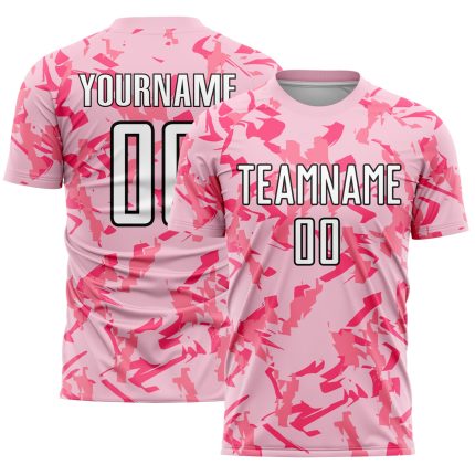 Custom Team Soccer Jersey with Light Pink Black-Pink Abstract Geometric Pattern, Personalized Name & Number Personalized