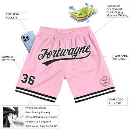 Personalized Light Pink Black White Basketball Shorts - Authentic Throwback Style Personalized Light Pink Black-White Authentic