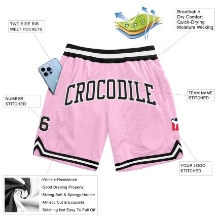 Custom Name and Number Personalized Light Pink Black-White Basketball Shorts - Authentic Throwback Style Personalized Light