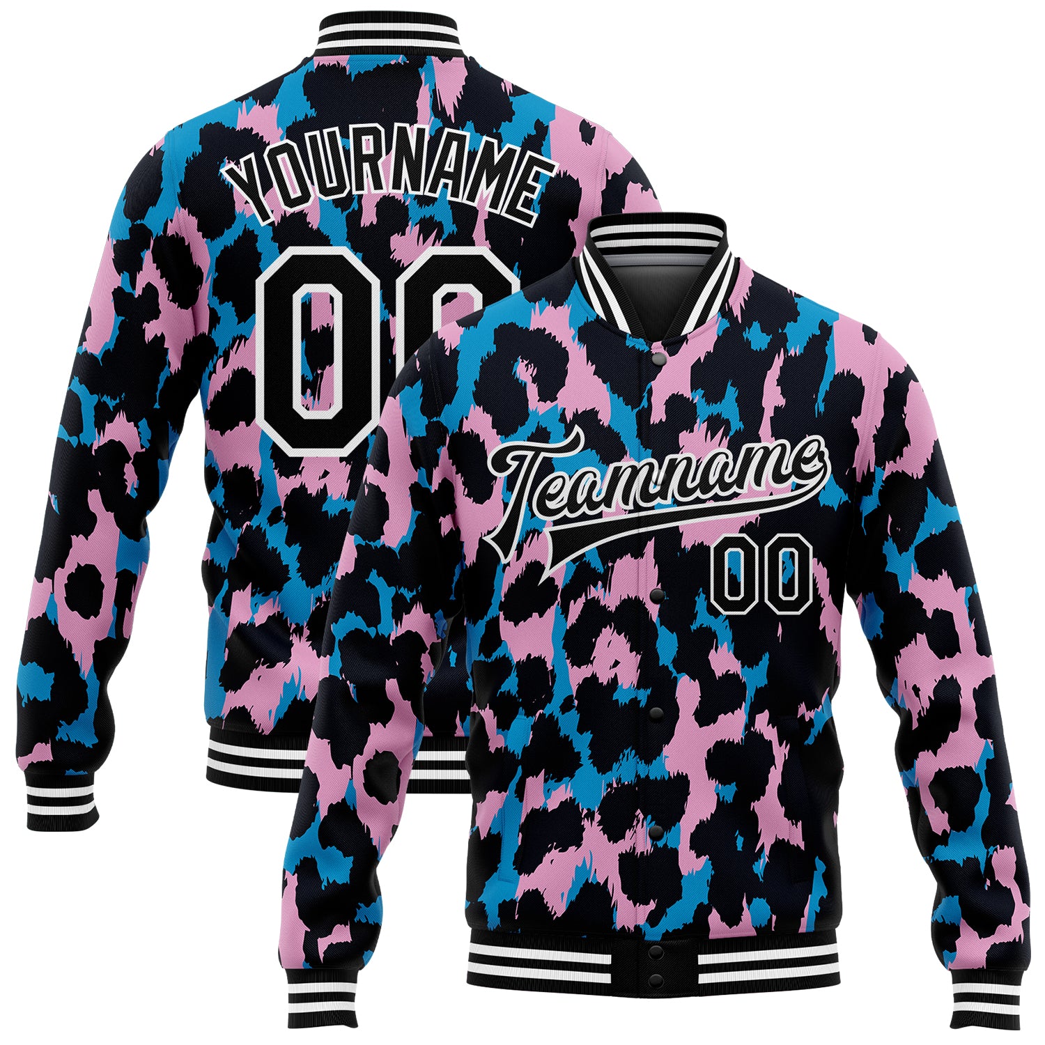 Custom Leopard Print Varsity Jacket with Name & Number - Light Pink Black White 3D Pattern Bomber Full-Snap Designer Jacket