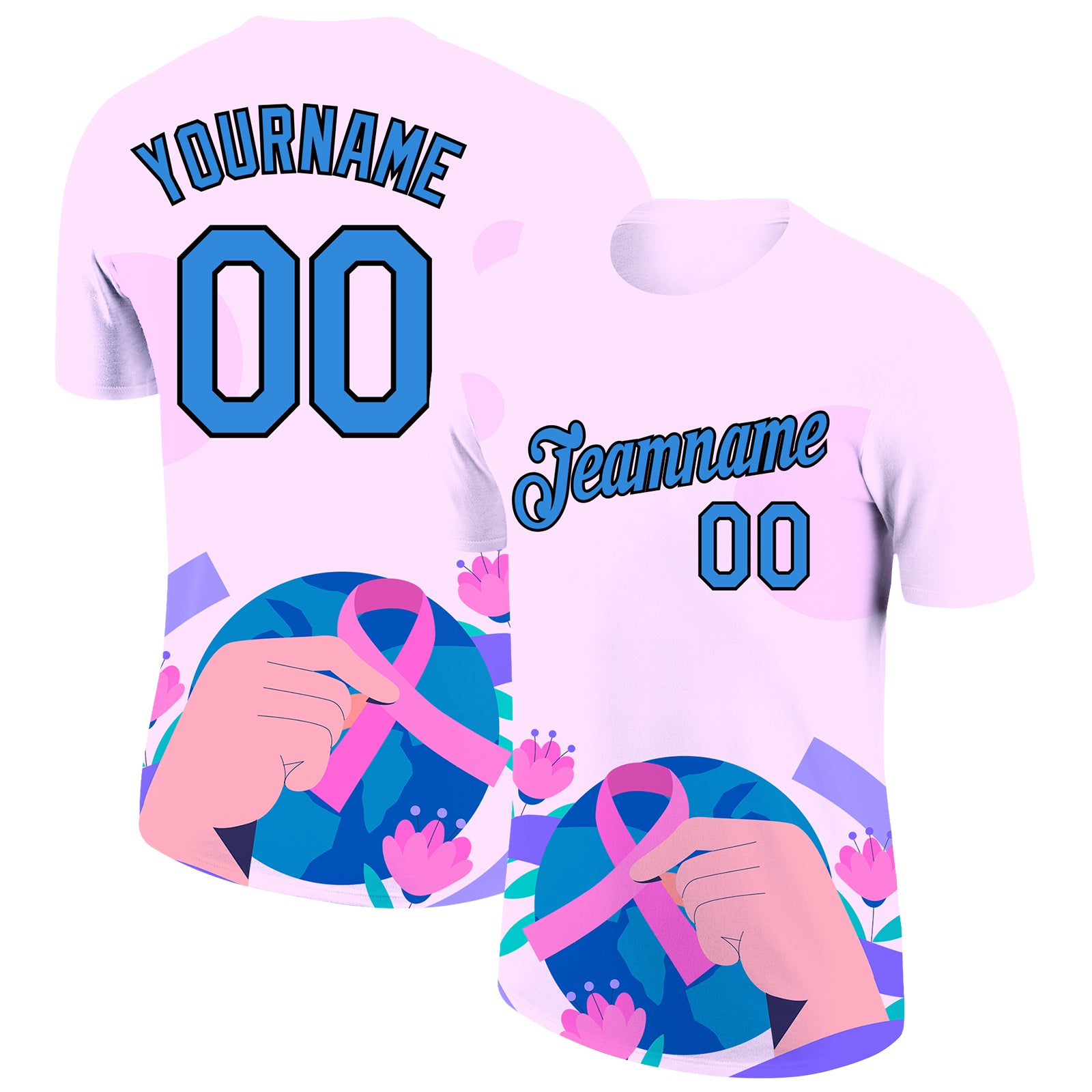 Personalized Breast Cancer Pink Ribbon T-Shirt with Custom Name & Number - Light Pink, Electric Blue-Black 3D Design Personalized