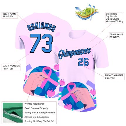 Personalized Breast Cancer Pink Ribbon T-Shirt with Custom Name & Number - Light Pink, Electric Blue-Black 3D Design Personalized