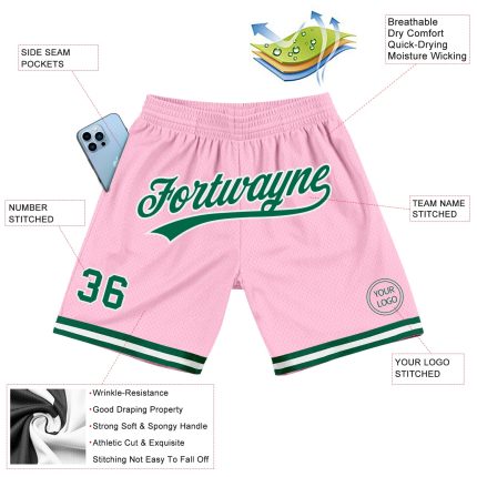 Personalized Light Pink Green White Basketball Shorts - Authentic Throwback Design Personalized Light Pink Kelly Green-White