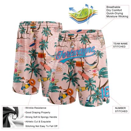 Custom Personalized Light Pink Lakes Blue-Pink 3D Pattern Basketball Shorts for Beach Hawaii Holiday Style with Team Name and Number