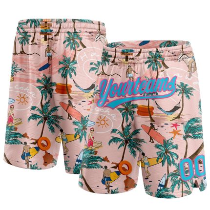 Custom Personalized Light Pink Lakes Blue-Pink 3D Pattern Basketball Shorts for Beach Hawaii Holiday Style with Team Name and Number