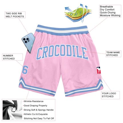 Custom Name Number Basketball Shorts Light Pink Blue White Authentic Throwback Design Personalized Light Pink Light Blue-White