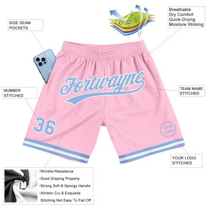 Personalized Light Pink & Blue Authentic Basketball Shorts - Retro Style Throwback Personalized Light Pink Light Blue-White