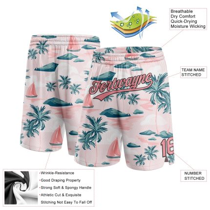 Personalized Hawaii Palm Trees Basketball Shorts with Custom Name and Number, Light Pink Medium Pink-Black 3D Pattern Personalized