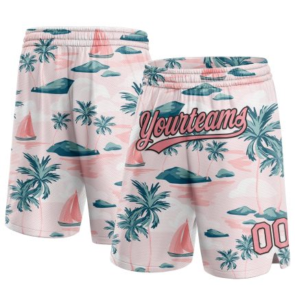 Personalized Hawaii Palm Trees Basketball Shorts with Custom Name and Number, Light Pink Medium Pink-Black 3D Pattern Personalized