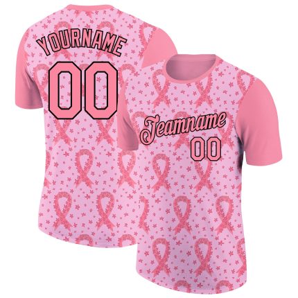 Personalized Breast Cancer 3D Ribbon T-Shirt Custom Name Number Light Pink Medium Black Personalized Light Pink Medium Pink-Black